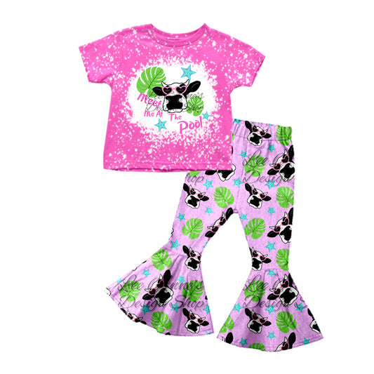Baby Girls Cow Leaves Western Top Flare Pants Clothes Sets Preorder(moq 5)