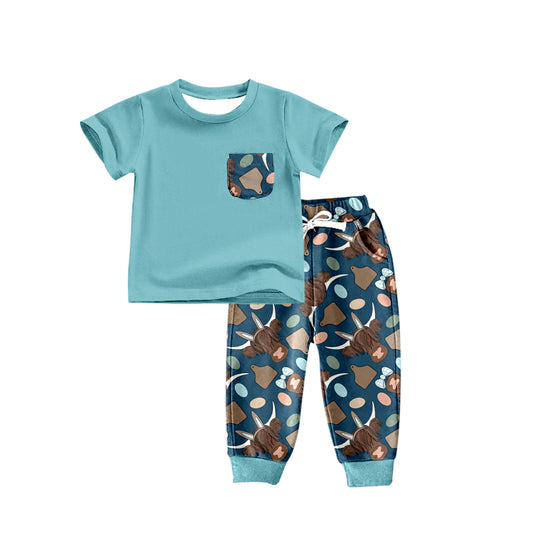 Baby Boys Western Highland Cow Tags Pocket Tee Pants Clothing Sets Preorder(moq 5)