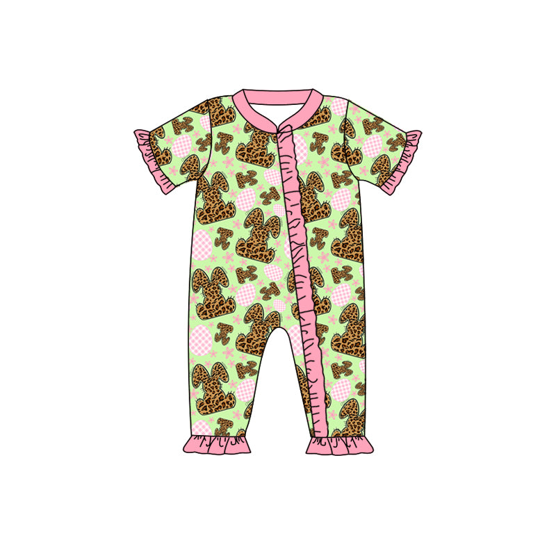 Baby Girls Easter Rabbits Leopard Ruffle Zip Rompers preorder(moq 5)