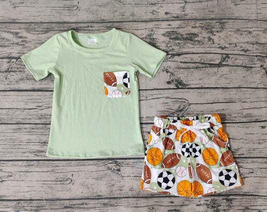 Baby Boys Green Pocket Short Sleeve Shirt Sports Balls Shorts Clothes Sets