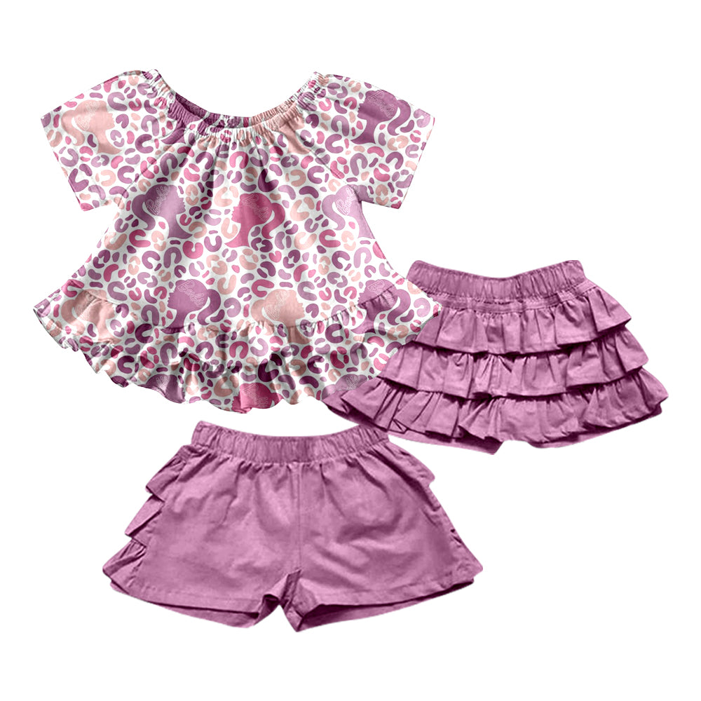 Baby Girls Leopard Doll Purple Tunic Tee Shirt Ruffle Shorts Clothes Sets preorder(moq 5)