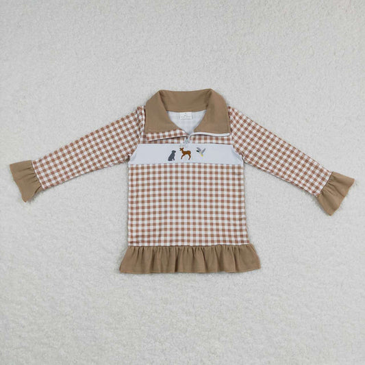 Baby Girls Dog Hunting Khaki Checkered Top Tee Shirts