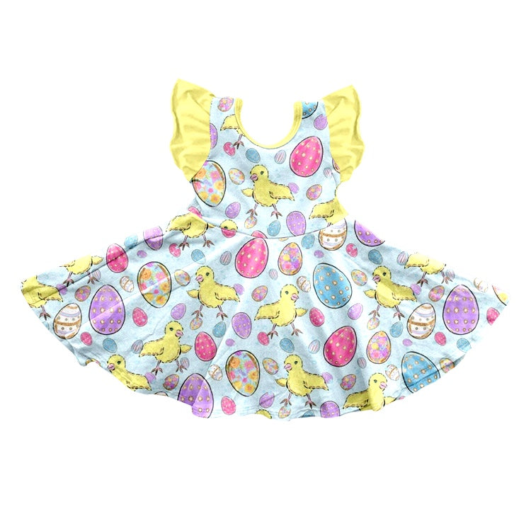 Baby Girls Easter Chicken Eggs Flutter Sleeve Knee Length Dresses preorder(moq 5)