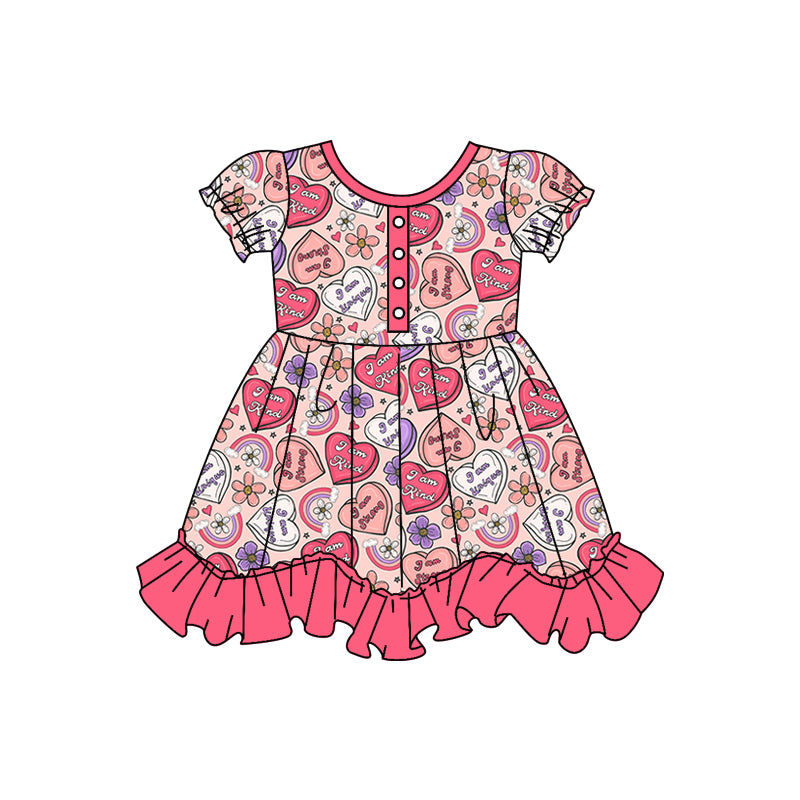 Baby Girls Valentines Hearts Flowers Short Sleeve Knee Length Dresses Preorder(moq 5)