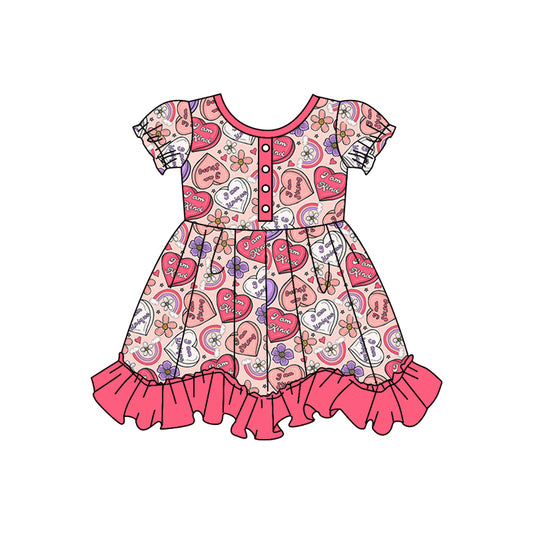 Baby Girls Valentines Hearts Flowers Short Sleeve Knee Length Dresses Preorder(moq 5)