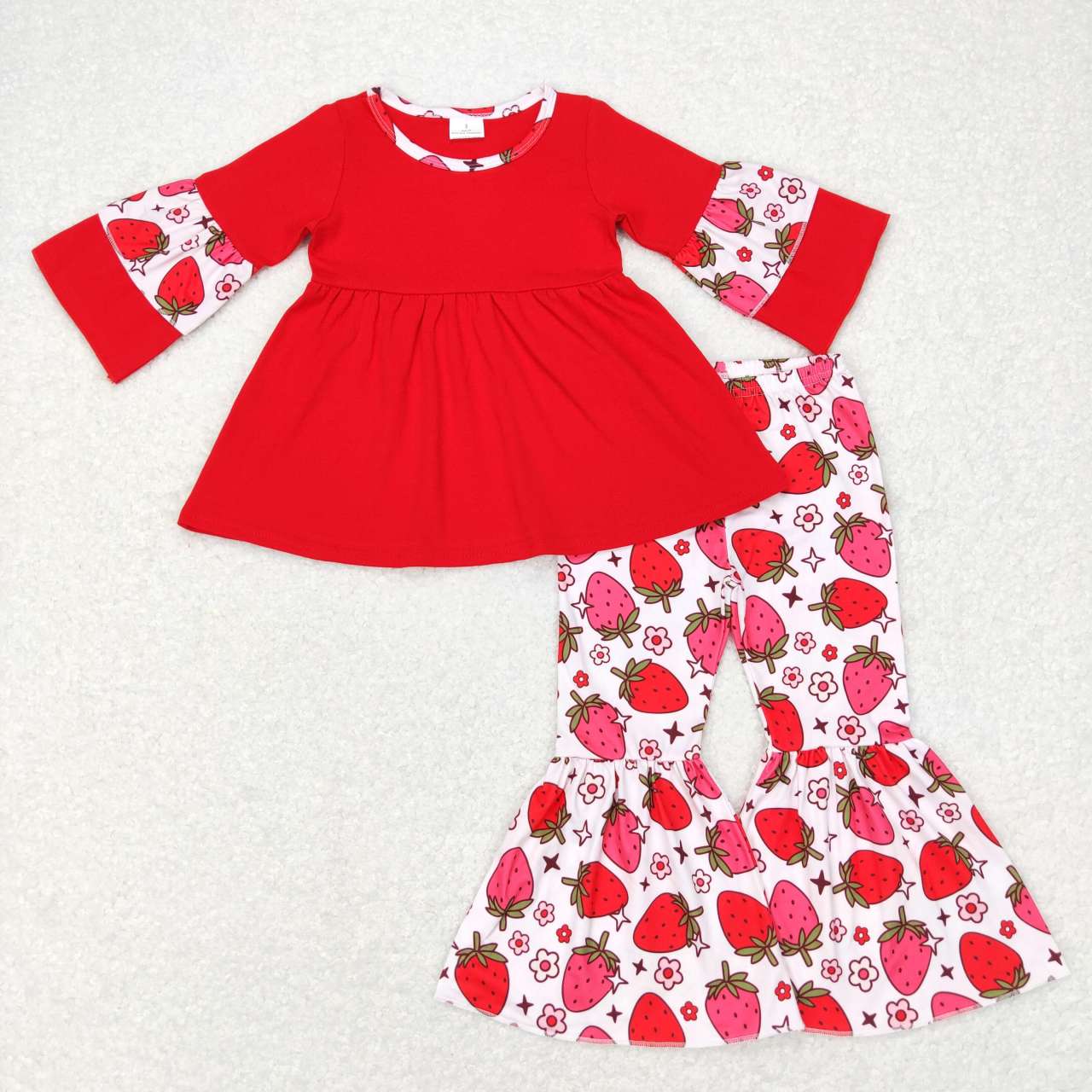 Baby Girls Red Short Sleeve Top Strawberry Bell Bottom Pants Clothes Sets