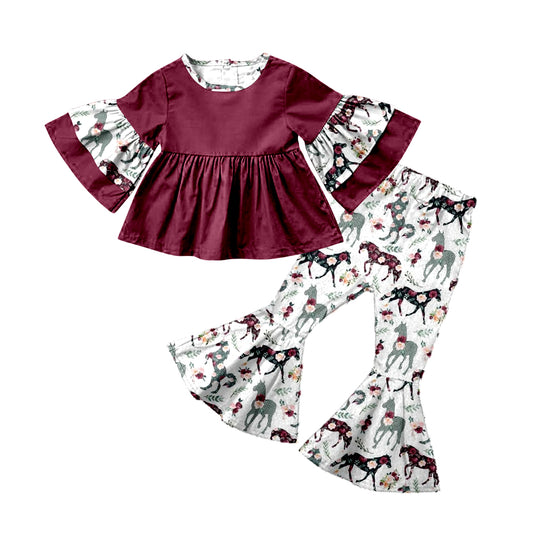 Baby Girls Western Horse Wine Flowers Tunic Bell Pants Clothes Sets preorder(moq 5)