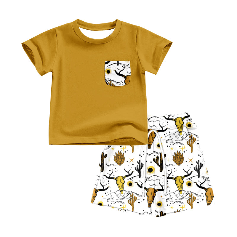 Baby Boys Gold Pocket Shirts Top Western Cow Cactus Shorts Summer Clothes Sets Preorder(moq 5)