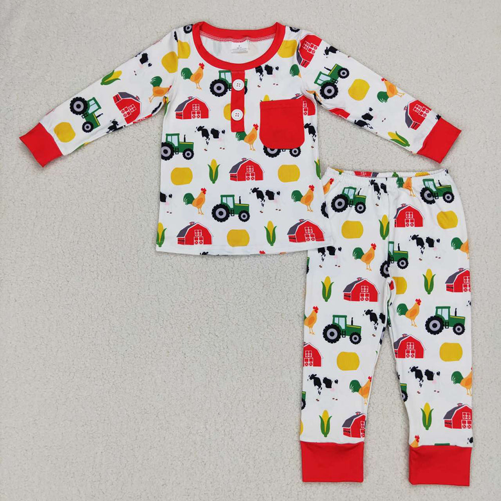 Baby Boys Fall Farm Red Top Pants Long Sleeve Pajamas Clothes Sets