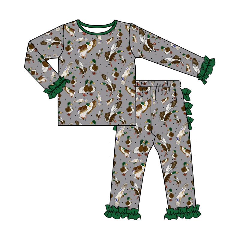 Baby Girls Duck Leopard Long Sleeve Tee Shirt Ruffle Pants Pajamas Clothes Sets preorder(moq 5)