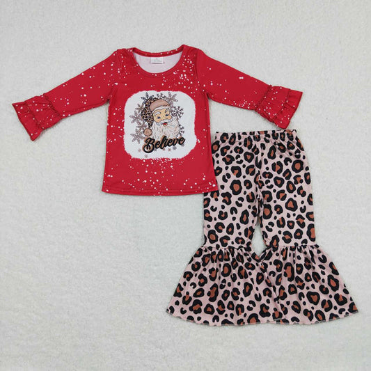 Baby Girls Christmas Santa Believe Shirt Leopard Bell Pants Clothes Sets