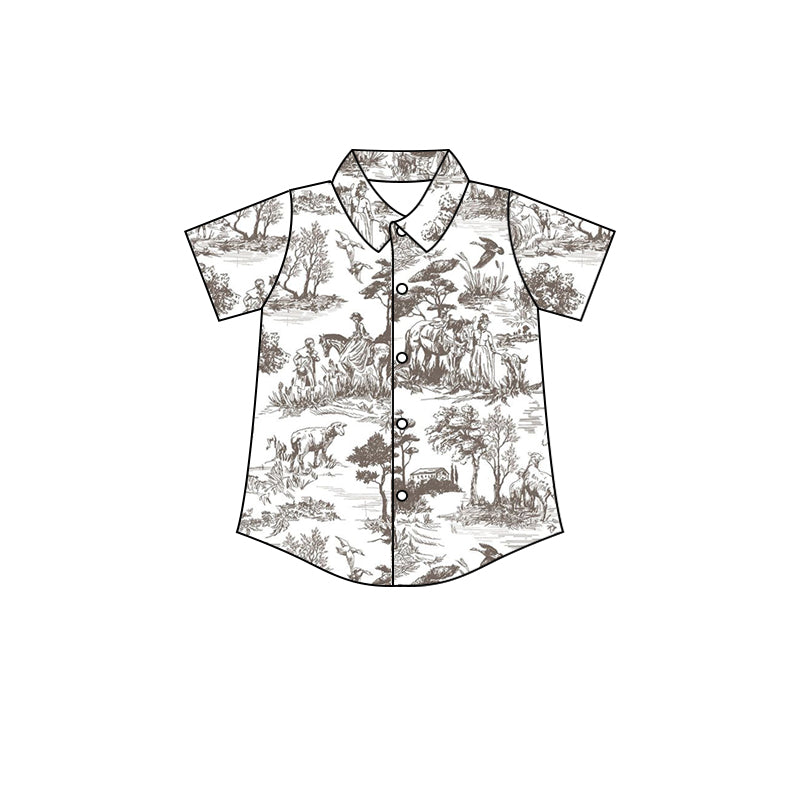 Baby Boys Rodeo White Short Sleeve Buttons Brown Tee Tops preorder(moq 5)