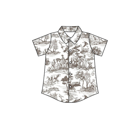 Baby Boys Rodeo White Short Sleeve Buttons Brown Tee Tops preorder(moq 5)