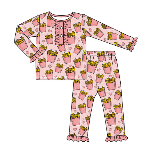 Baby Girls Pink Shirt Fries Ruffle Pants Pajamas Clothes Sets Preorder(moq 5)