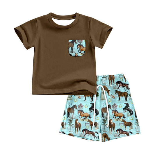 Baby Boys Brown Pocket Tee Western Horse Shorts Outfits Clothes Sets preorder(moq 5)