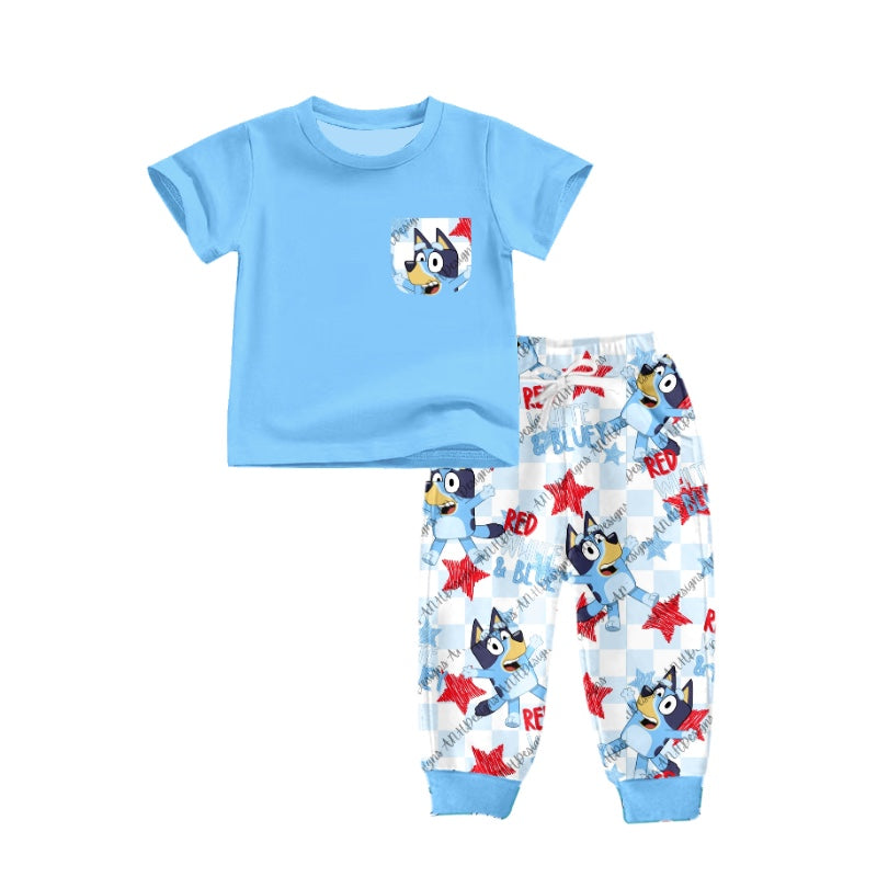 Baby Boys 4th Of July Dog Short Sleeve Top Pants Outfits Sets preorder(moq 5)