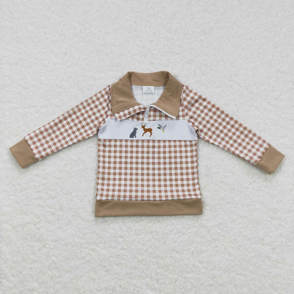 Baby Boys Dog Hunting Khaki Checkered Top Tee Shirts