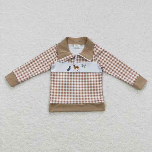 Baby Boys Dog Hunting Khaki Checkered Top Tee Shirts