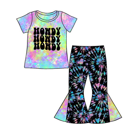 Baby Girls Howdy Purple Tie Dye Tee Shirt Flare Pants Sets Preorder(moq 5)