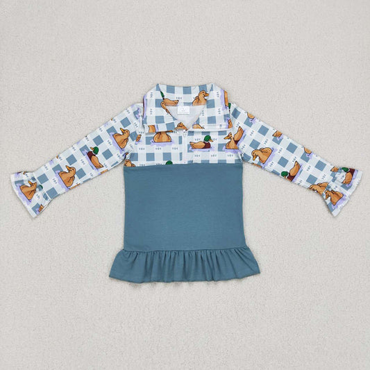 Baby Girls Fall Duck Blue Checkered Ruffle Pullovers Tops