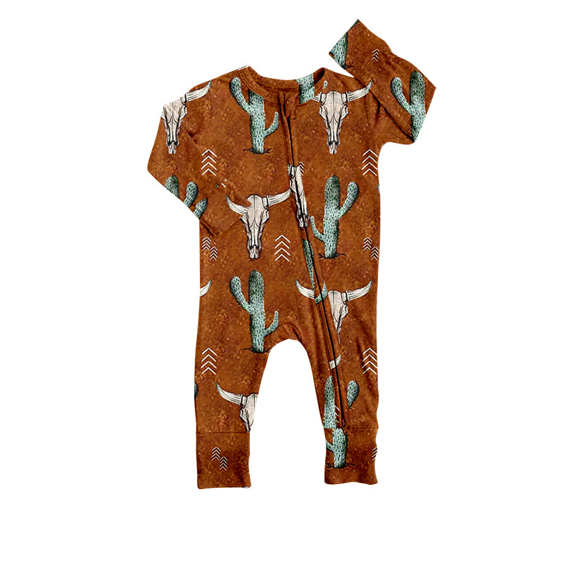 Baby Infant Kids Toddler Cow Skull Cactus Western Long Sleeve Rompers preorder(moq 5)