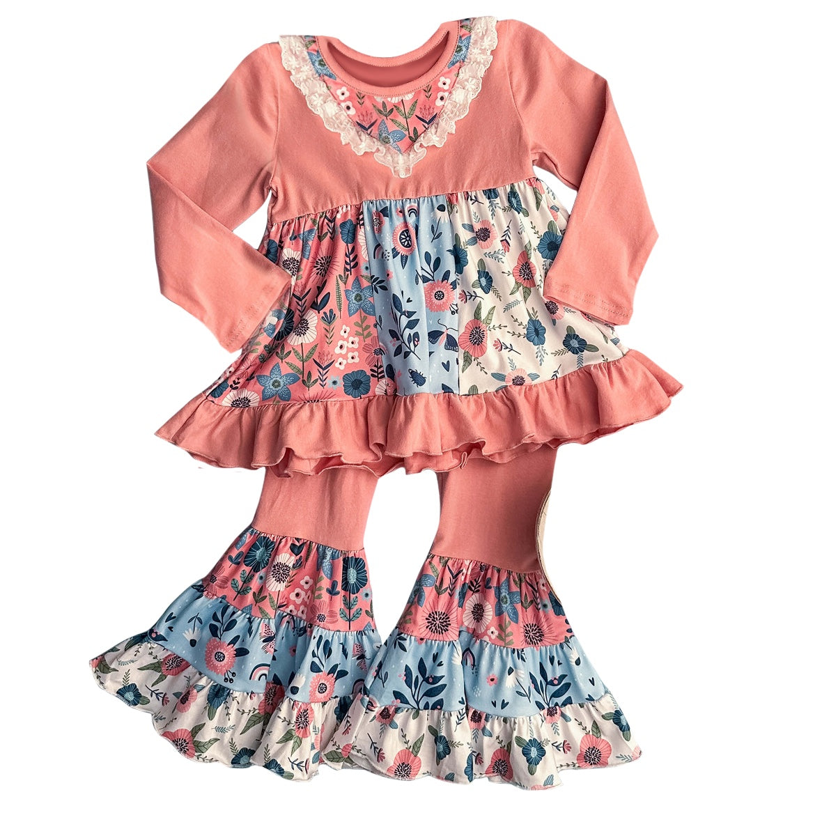 Baby Girls Pink Flowers Bib Ruffle Floral Tunic Flare Pants Boutique Clothes Sets preorder(moq 5)
