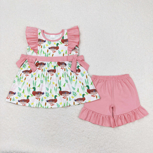 Baby Girls Duck Pink Bows Tunic Tops Ruffle Shorts Clothes Sets
