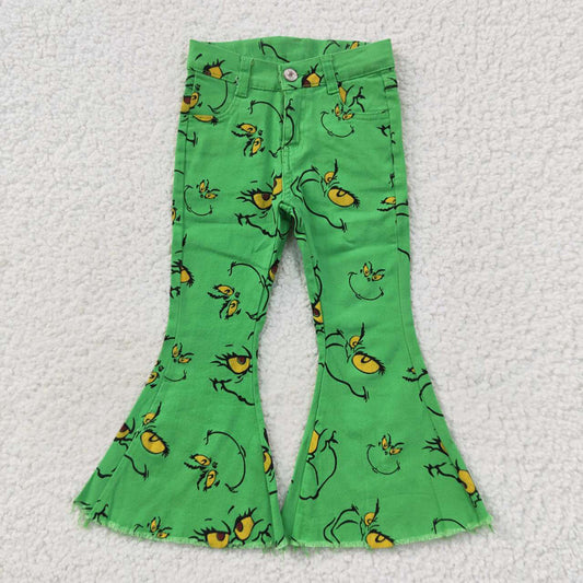 Baby Girls Christmas Green Frog Face Denim Bell Pants