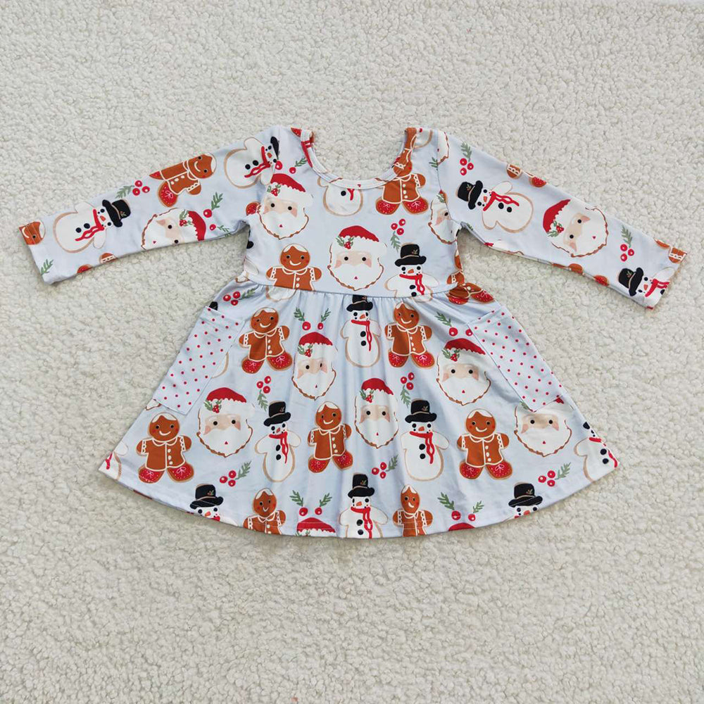 Baby Girls Blue Christmas Snowman Gingerbread Long Sleeve Dresses