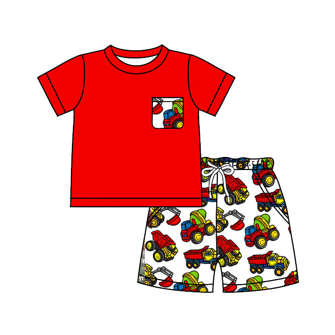 Baby Boys Construction Red Short Sleeve Pocket Tops Shorts Clothes Sets preorder(moq 5)