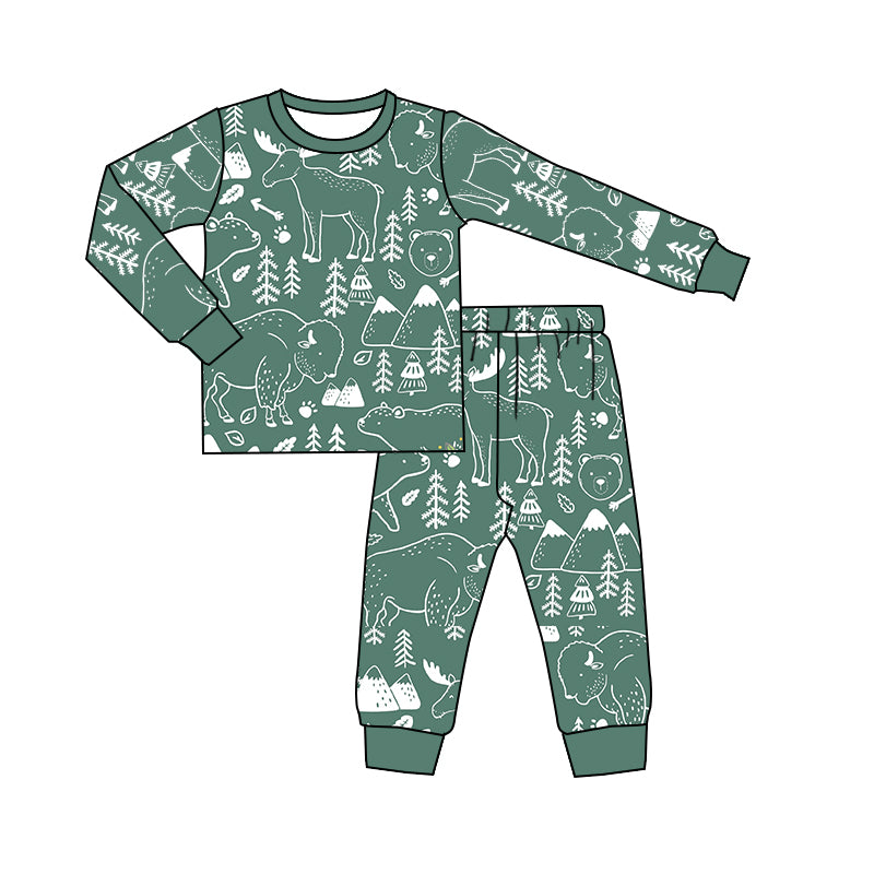 Baby Boys Bear Green Long Sleeve Shirt Pants Pajamas Sets preorder(moq 5)