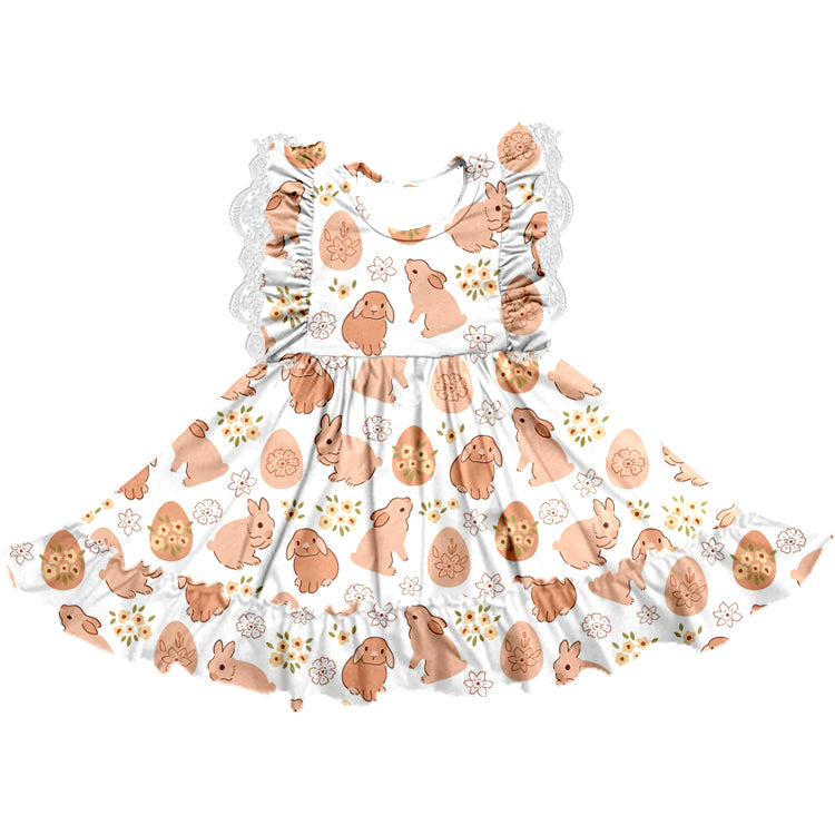 Baby Girls Lace Ruffle Rabbit Easter Orange Knee Length Dresses Preorder(moq 5)