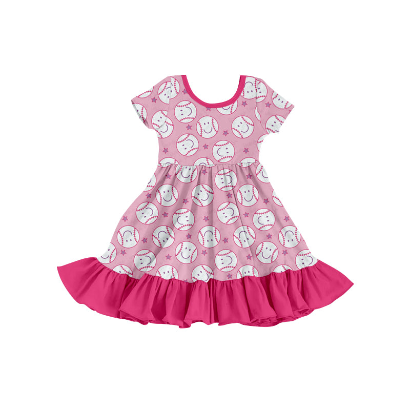 Baby Girls Short Sleeve Baseball Ruffle Knee Length Dresses Preorder(moq 5)