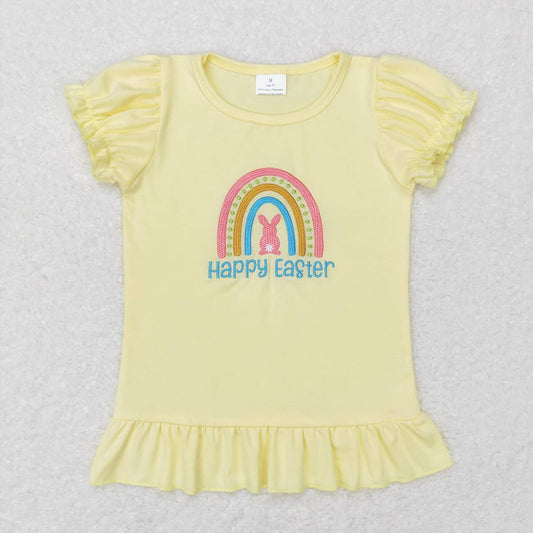Baby Girls Easter Ranibow Yellow Puffy Short Sleeve Shirt Tops