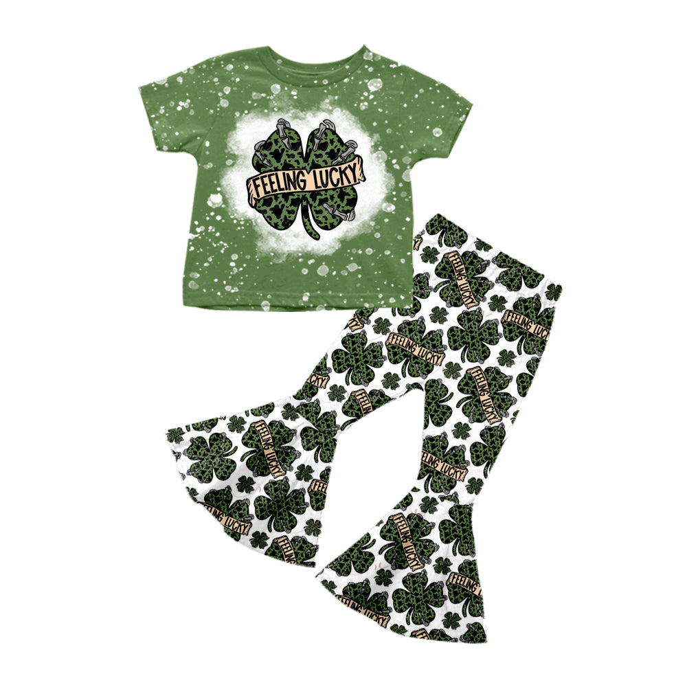 Baby Girls St Patrick Day Quatrefoil Shirts Top Bell Pants Clothes Sets Preorder(moq 5)