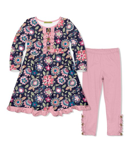 Baby Girls Navy Pink Flowers Tunic Top Legging Pants Clothing Sets preorder(moq 5)