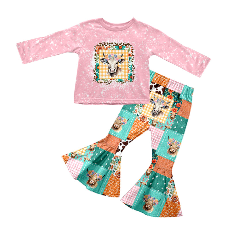 Baby Girls Western Pink Cow Flowers Shirt Bell Pants Clothes Sets preorder(moq 5)