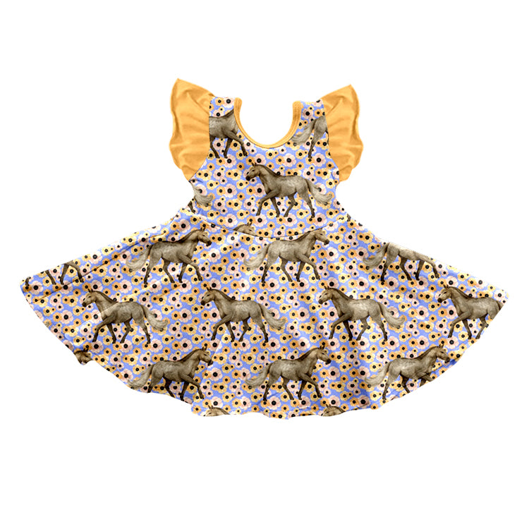 Baby Girls Horse Flowers Flutter Sleeve Knee Length Dresses Preorder(moq 5)