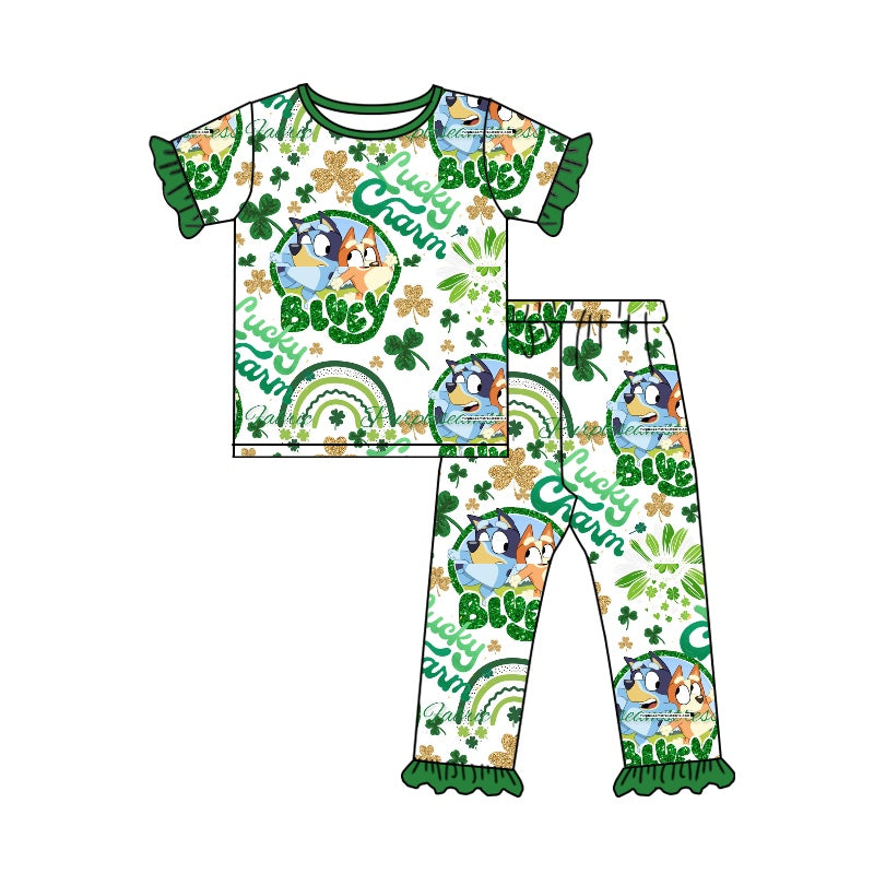 Baby Girls Green Dog Lucky St Patrick Day Top Pants Pajamas Clothes Sets preorder(moq 5)