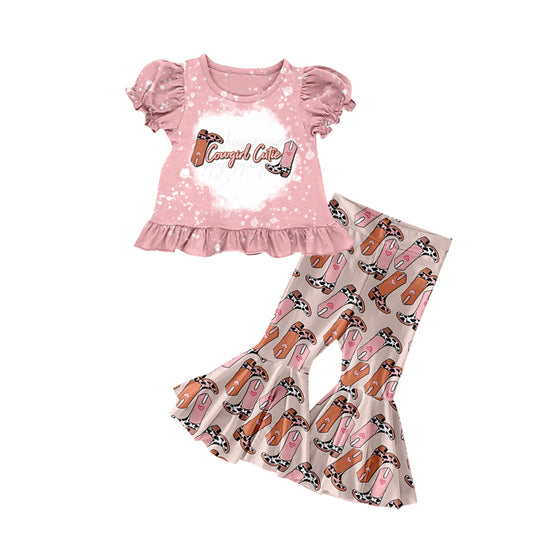 Baby Girls Cowgirl Cutie Tee Shirts Western Boots Bell Pants Clothes Sets Preorder(moq 5)