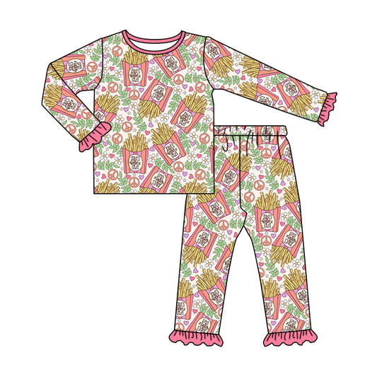 Baby Girls Fries Valentines Pink Tee Shirt Ruffle Pants Pajamas Sets Preorder(moq 5)