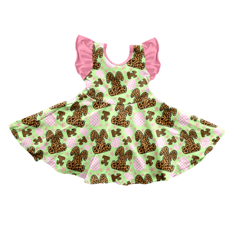 Baby Girls Easter Rabbit Leopard Flutter Sleeve Knee Length Dresses Preorder(moq 5)