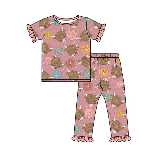 Baby Girls Western Pink Highland Cow Tee Shirt Ruffle Pants Jammies Pajamas Sets Preorder(moq 5)