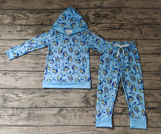 Baby Boys Hooded Blue Dogs Long Sleeve Hooded Tops Pants Clothes Sets