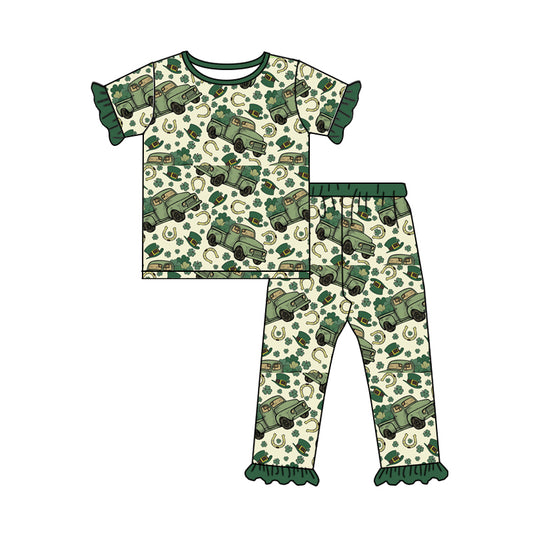 Baby Girls Short Sleeve St Patrick Day Cars Tee Shirt Pants Pajamas Clothing Sets Preorder(moq 5)