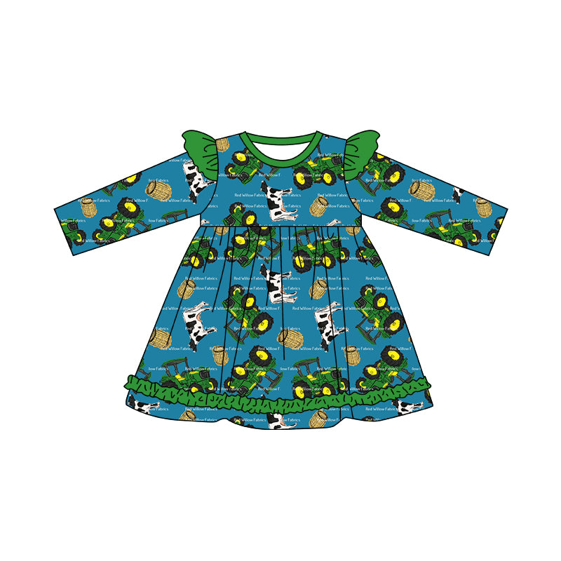 Baby Girls Farm Green Tractor Cows Knee Length Dresses preorder(moq 5)