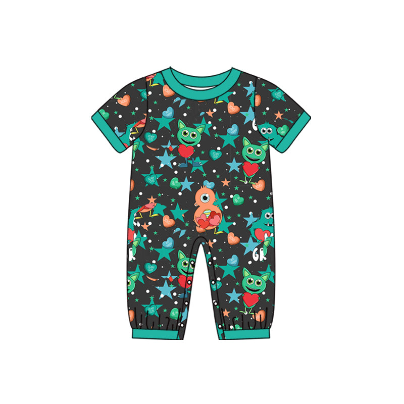 Baby Boys Monster Valentines Blue Hearts Short Sleeve Rompers preorder(moq 5)