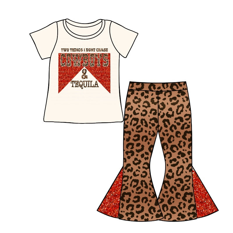 Baby Girls Western Cowboys Tee Shirt Leopard Flare Pants Sets Preorder(moq 5)