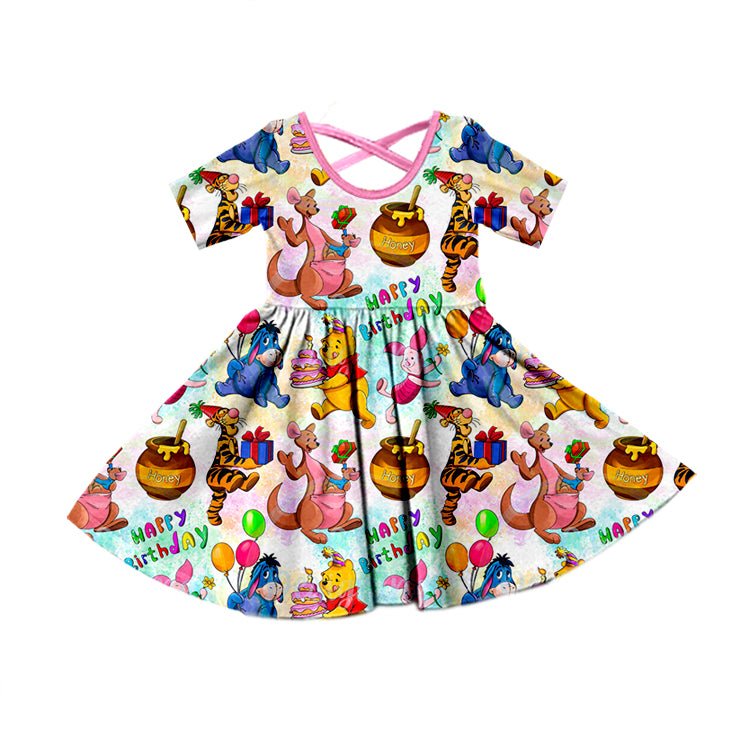 Baby Girls Pink Cartoon Bear Short Sleeve Knee Length Dresses preorder(moq 5)