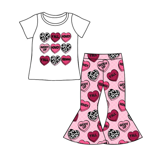 Baby Girls Valentines Hearts Howdy Short Sleeve Tee Shirt Flare Pants Sets Preorder(moq 5)